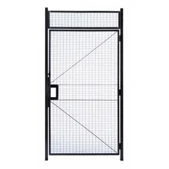 Steel woven-wire partition hinged door for personnel access within industrial enclosures. Gray enamel/powder-coated finish. Left-hand mounting orientation. Includes mounting hardware. Measures 10 1/2 ft high by 4 3/8 ft wide by 2 in deep.