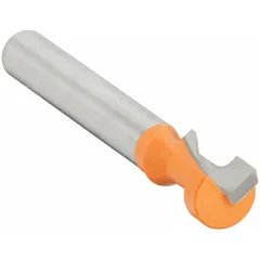 Carbide-tipped router bit with a 3/8 in cutter diameter for cutting hinge mortise profiles. Used in woodworking to create precise recesses for flush hinge installation in cabinets and furniture.