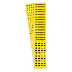 Yellow adhesive pipe marker with black legend reading 'Low Pressure Steam' and directional arrows. Designed for pipes with outside diameter of 3/4 in and smaller. Pack of 5 markers for identifying low pressure steam lines in industrial piping systems.