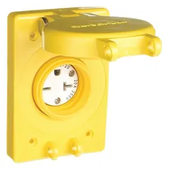 Single weather-resistant receptacle with 6-20R configuration, rated 250V AC and 20 A, 2 Pole / 3 Wire. Yellow housing. Suitable for wet or harsh locations requiring a sealed electrical connection in industrial environments.