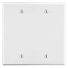 Blank 2-gang wall plate made of polycarbonate in white. Standard size for covering unused electrical boxes or concealing wiring. Suitable for indoor general-purpose applications where a non-switch, non-outlet cover is required.