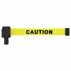 This replacement belt cassette is designed for use in retractable belt stanchions for pedestrian flow management. It features a 15 ft long, 2 1/2 in wide yellow belt with an overall height of 42 in. The unit is marked as Out of Service with no pattern, suitable for designating restricted areas in industrial and commercial settings.