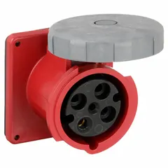 Watertight pin and sleeve receptacle rated 480V AC, three-phase, 60 A, with 3 poles and 4 wires. Features IEC grounding and is suitable for industrial environments requiring a reliable power connection in wet or outdoor locations.
