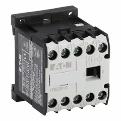 This 3-pole non-reversing IEC contactor is rated at 9 A with a 480V AC coil and three normally open (NO) contacts. It is used for switching motors and other loads in industrial control panels, such as starting and stopping conveyors, pumps, and compressors.