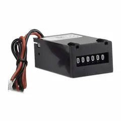 Front-panel-mounting electromechanical counter with dimensions 1 3/4 in x 1 1/2 in. Operates on 12 V DC to 24 V DC. Complies with REACH standards. Used for counting cycles, events, or production output in industrial machinery and process control systems.