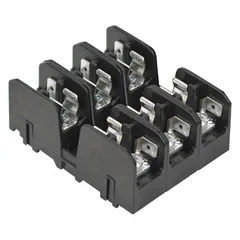 3-pole open-block fuse holder for midget fuses, rated 600 V AC. Features quick-connect and screw terminals for wiring flexibility. Non-indicating design. Suitable for use in industrial control panels and power distribution systems requiring overcurrent protection.