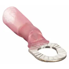 Heat shrink insulated ring terminal for #10, #6, or #8 stud sizes. Accepts 22 AWG to 18 AWG wire. The heat shrink sleeve provides environmental sealing after installation, protecting against moisture and corrosion in electrical connections.