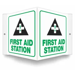 V-shape projection sign for identifying first aid station locations. Made of PETG with a thickness of 0.06 in. Nominal size 6 x 8-1/2 in. Features mounting holes for installation. Not retroreflective, not glow-in-the-dark, no anti-slip surface.