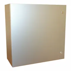 This 304 stainless steel enclosure measures 24 x 24 x 10 inches and is rated NEMA 12/13/3R/4/4X for protection against dust, water, and corrosion. It features a 1/4-turn latch closure and a hinged cover. Knockouts are not included. Suitable for housing electrical controls, terminals, and instruments in indoor or outdoor industrial environments.