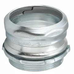 This steel compression conduit connector is used to join electrical conduit to junction boxes or enclosures. It provides a secure, liquid-tight connection for steel conduit in wiring systems requiring reliable grounding and mechanical protection. Non-insulated design ensures direct metal-to-metal path for grounding continuity. Trade size 4 in, overall length 4 23/32 in, gray finish.
