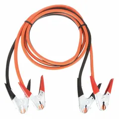 Clamp jumper cable with 4 AWG wire gauge and 20 ft length. Features spring clamp grip jaws and crimped cable connections. Orange cable jacket. Used for jump-starting vehicles and equipment by connecting two batteries.