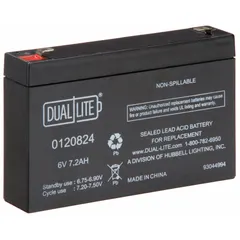 Sealed lead acid battery for emergency lighting and exit signs. Provides 6 V and 7.2 Ah backup power. Measures 4 in height and 1 1/2 in depth.