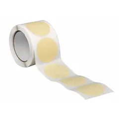 Tan crepe paper disc with rubber adhesive, 4 in pre-cut diameter, 7.5 mil thick. Designed for indoor use on wood surfaces, providing masking for painting and finishing applications where heat resistance is required.