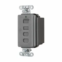 Non-NEMA decorator duplex weather-resistant receptacle with four USB ports (Type A and C). Rated 125V AC and 5 A. Gray housing. Suitable for commercial and industrial spaces requiring integrated USB charging and standard power in outdoor or damp locations.