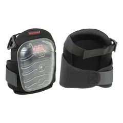 These knee pads feature a plastic cap and foam pad for impact absorption on hard surfaces. Two elastic straps with hook-and-loop closure provide a secure fit. Suitable for kneeling comfort during tasks such as flooring, tiling, construction, and maintenance. Contains latex.