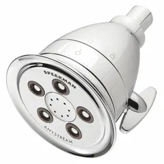 Fixed showerhead with multi-pattern spray settings. Constructed of brass and plastic. Flow rate is fixed at 1.75 gpm. Suitable for commercial hospitality bathrooms such as hotels and resorts.