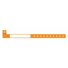 Orange plastic security wristbands for temporary identification and access control. Each wristband measures 10 inches in length and 1 1/4 inches in width. Supplied in a pack of 500. Suitable for event management, patient identification, and facility security screening.