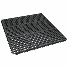 This 3 ft x 3 ft interlocking mat tile features a grit surface for slip resistance and is constructed from nitrile rubber. Rated as welding safe, it provides drainage capability for industrial environments where weld spatter, moisture, or oil are present. The tile helps reduce fatigue and improve safety in work areas.