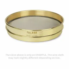 This test sieve features a stainless steel screen cloth with a #140 US Standard mesh size, mounted in a brass frame. It has an 8-inch outside diameter and a 1 5/8-inch height, conforming to ASTM E11 standards. Used for particle size analysis and material classification in laboratory and industrial quality control applications.