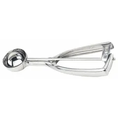 Stainless steel squeeze disher with #8 scoop size and 4 oz capacity. Bowl diameter 2 3/4 in. NSF certified. Used for portioning batters, doughs, and side dishes in commercial food service.