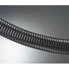 Thermoplastic polyurethane duct hose with 12 in inside diameter, 25 ft length, 8 psi pressure rating, 10.3 in bend radius, and temperature range -60° to 180°F. Black. Used for conveying metal shavings, chip removal, dust collection, and material handling in industrial environments.