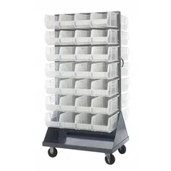 This mobile louvered rack includes 56 clear bins (8-1/4 in wide, 14-3/4 in deep, 7 in high) for organizing small parts and tools. The gray rack features a pull handle and (2) swivel casters for easy repositioning in workshops or assembly areas.