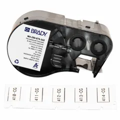 Polyolefin, white matte sleeve label for wire and cable identification. Measures 3/4 in x 7/16 in, fits 8 AWG to 16 AWG wire gauge. Compatible with M510 printer series for on-demand printing in industrial environments.