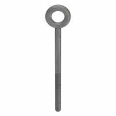 Steel, galvanized machinery eye bolt without shoulder. Thread size 1 1/4"-7, thread length 3 in. Nut not included. Used for lifting, rigging, and pulling applications requiring a threaded anchor point.