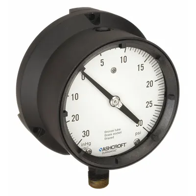 ASHCROFT Process Compound Gauge: 0 psi to 30 psi, White, 4 1/2 in Dial, 1/2 in NPT Male - Vibration-Resistant Brass/Bronze Wetted Parts & Plastic Casing