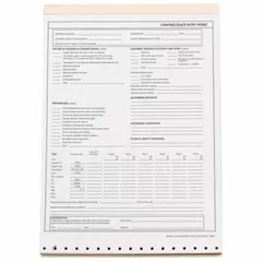 This confined space entry permit is a safety document used to authorize and track entry into confined spaces. It records atmospheric tests, personnel, and precautions before work begins. The permit measures 8 1/2 in x 11 in, is black/white on white paper, and is designed for Mfr. No. PC1.