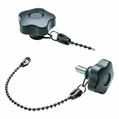 Tethered 5-arm knob with threaded stud, M5 thread, steel thread insert, black POM-based technopolymer body, and 200 mm nominal tether length. Used for tool-free adjustment or clamping on industrial machinery, panels, and equipment where tether prevents loss.