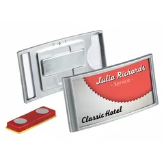 Horizontal plastic badge pouch for displaying ID cards, access badges, or name tags. Each pouch measures 3 1/8 inches wide by 1 1/2 inches high with a gray background. Sold in a pack of 10. Suitable for use in workplaces, events, and security checkpoints.