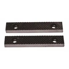 Steel screw-in vise jaw caps designed to replace worn or damaged jaws on a 10-inch vise. Secured with 4 screws, they provide a gripping surface for clamping workpieces during machining, assembly, or maintenance tasks. Compatible with models 39M995 and CT-102-10.