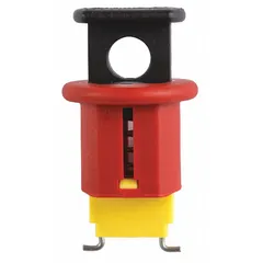 Pin-out lockout device for circuit breaker switches rated at 230/400V AC. Used to isolate breakers during maintenance, physically preventing re-energization. Does not include a cable tie slot.