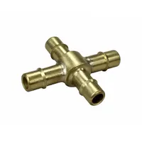 Nickel-plated brass beaded-barb cross fitting with four 1/16 in ID ports. Used to branch or merge small-diameter tubing in pneumatic or low-pressure fluid systems