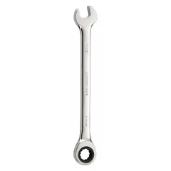 This SAE 12-point ratcheting combination wrench is made of alloy steel with a chrome finish. It has a 7/16-inch head size and an overall length of 6-1/2 inches. Suitable for tightening or loosening 7/16-inch hex fasteners in maintenance and assembly tasks.