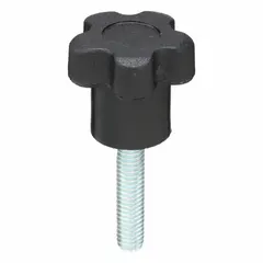 This 5-arm knob features a plastic body with a steel thread insert for corrosion resistance. The threaded stud allows for manual clamping, positioning, and adjustment on machinery and fixtures. Thread size is 5/16"-18 with a 1.5 in thread length.