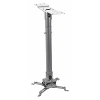 Fixed ceiling mount for projectors, constructed from powder-coated steel in a silver finish. Supports a maximum load of 75 lb and provides 20° upward and 20° downward tilt for image alignment. Includes a flush mount plate and all necessary mounting hardware. Suitable for use in conference rooms, classrooms, and auditoriums