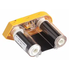 Black resin ribbon for single-color printing. Part of the R6000 series, RoHS compliant and high temperature-resistant. Compatible with Brady BMP61 printers. Used for industrial labeling applications such as wire marking, component identification, and panel labeling.