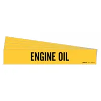 Yellow adhesive pipe marker with black 'Engine Oil' legend, designed for pipes with outside diameter of 8 inches and larger. Each pack contains 5 markers, each without directional arrows. Suitable for identifying engine oil lines in industrial piping systems