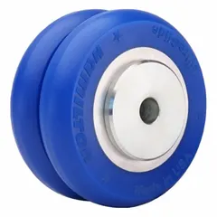 This HAMILTON caster wheel features a polyurethane tread on a steel core with an UltraGlide tread shape for smooth rolling. With a 4-inch diameter, 2-inch width, and 720 lb load rating, it is suited for material handling equipment such as carts and dollies. The blue wheel/tread color provides visual identification.