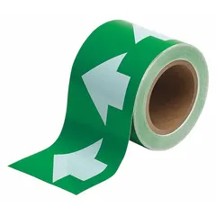 Green vinyl pipe marking tape with white legend text, 4 inches wide on a 90-foot roll. Non-reflective finish. Used for identifying pipe contents and indicating directional flow in industrial piping systems.