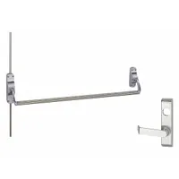 Surface vertical rod exit device with chrome finish, lever trim, and crossbar. Designed for doors up to 44 inches wide with left-hand reverse swing. Suitable for commercial egress applications requiring push-bar operation