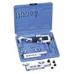 Flaring, swaging, and cutting kit for aluminum, brass, copper, and stainless steel tubing. Creates double 45° flares. Includes a tool case. Used in HVAC, refrigeration, and plumbing for forming leak-proof connections.