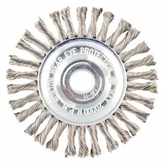 Twisted stainless steel wire wheel brush for heavy cleaning of contoured stainless steel surfaces. 4" diameter, 1/4" width, 5/8" arbor hole. Removes rust, scale, and weld splatter without contaminating the workpiece.