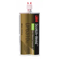 Ambient-cure urethane adhesive supplied as a 400 mL dual-cartridge system with a 1:1 mixing ratio of resin and hardener. Cures to a green color and has a thick liquid consistency for sag resistance in vertical or overhead bonding applications. Suitable for bonding plastics, composites, and metals in industrial assembly.