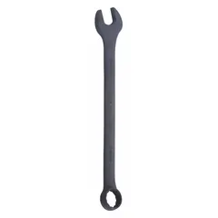 Alloy steel combination wrench with black oxide finish and offset design. 12-point box end and open end for 24 mm metric fasteners. Overall length 12 3/8 in. Used for tightening or loosening hex nuts and bolts in mechanical assembly and repair tasks.