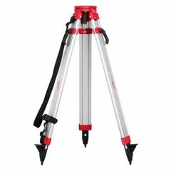 Aluminum tripod with telescoping legs adjustable from 38 1/2 in to 60 in. Features a flat head with 5/8"-11 mounting thread for rotary laser levels. Includes shoulder strap for transport. Used for supporting laser levels on construction and surveying sites.