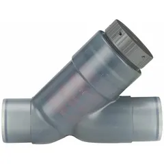 PVC Y strainer with 3-inch spigot connection for inline filtration. Features a 0.125-inch PVC mesh screen and EPDM seal. Overall length 12 1/4 inches. Suitable for water and chemical lines where corrosion resistance is needed.