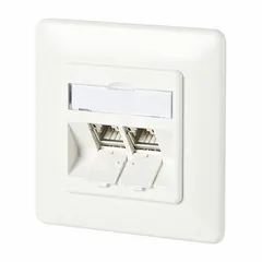Zinc die-cast wall outlet for voice and data cabling termination. Provides an IDC connection to RJ45 interface for structured cabling systems. Designed for flush mounting with a 180° mounting angle. White finish.